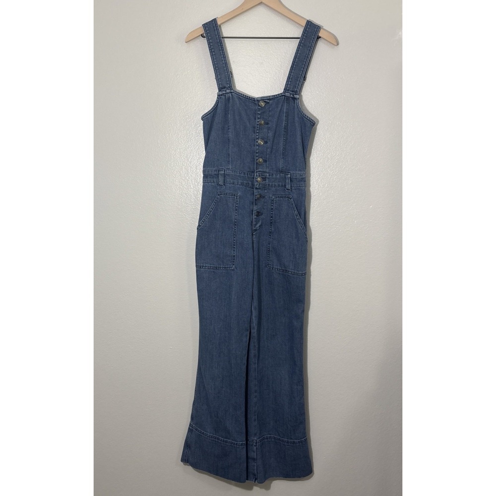 Aerie Overalls Blue Denim Wide Leg Relaxed Boho Bib Hippie Festival ButtonUp S/P
